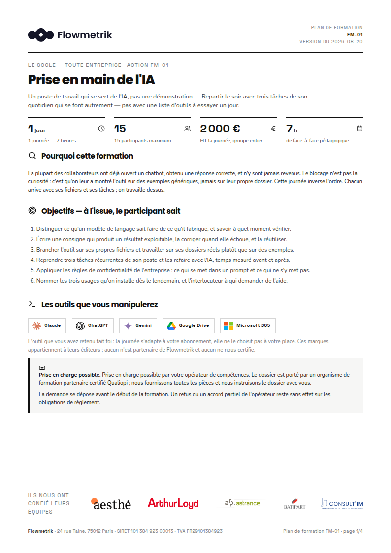 Première page d’un plan de formation : chiffres clés, contexte et objectifs.